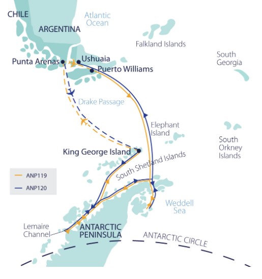 anp-120-map showing the journey of antarctic explorer tour