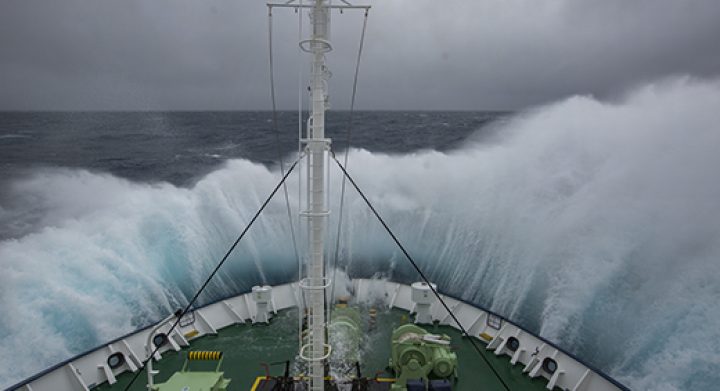 Ship crashing through huge waves on the way to Antarctica in the Southern Ocean on tour with Scott Portelli